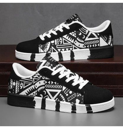 YRZL Men's Sports Running Shoes Canvas Geometric Style Lace-Up Sneakers Couples' Fashionable Graffiti Print Skate Shoes Men