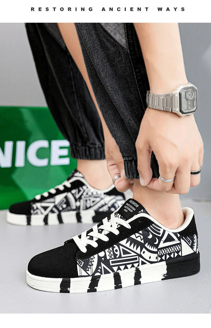 YRZL Men's Sports Running Shoes Canvas Geometric Style Lace-Up Sneakers Couples' Fashionable Graffiti Print Skate Shoes Men